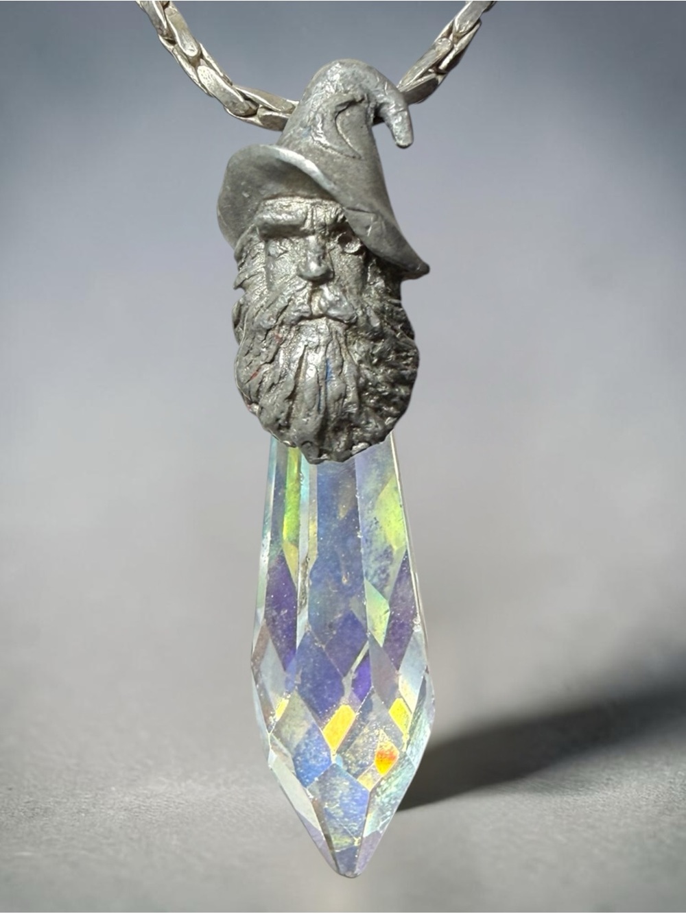 Vintage Pewter Wizard with Iridescent Crystal Rainbow Catcher 80s 90s